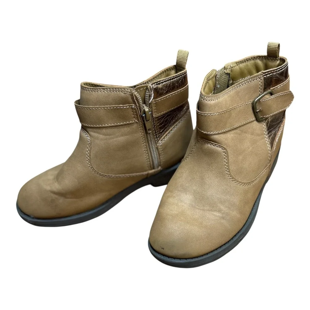 Carter's Kids Girls Tan Faux Leather Ankle Boots Side Zip Buckle Size‎ 1M